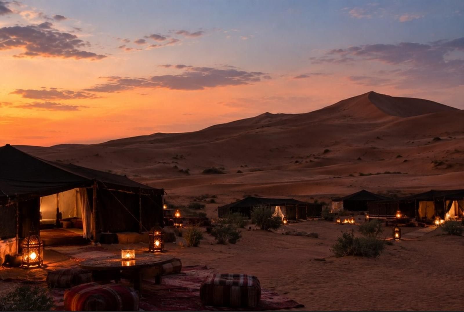 Our desert camp among the dunes of Erg Chigaga at dusk, tents pitched below the ridges of the Moroccan Sahara