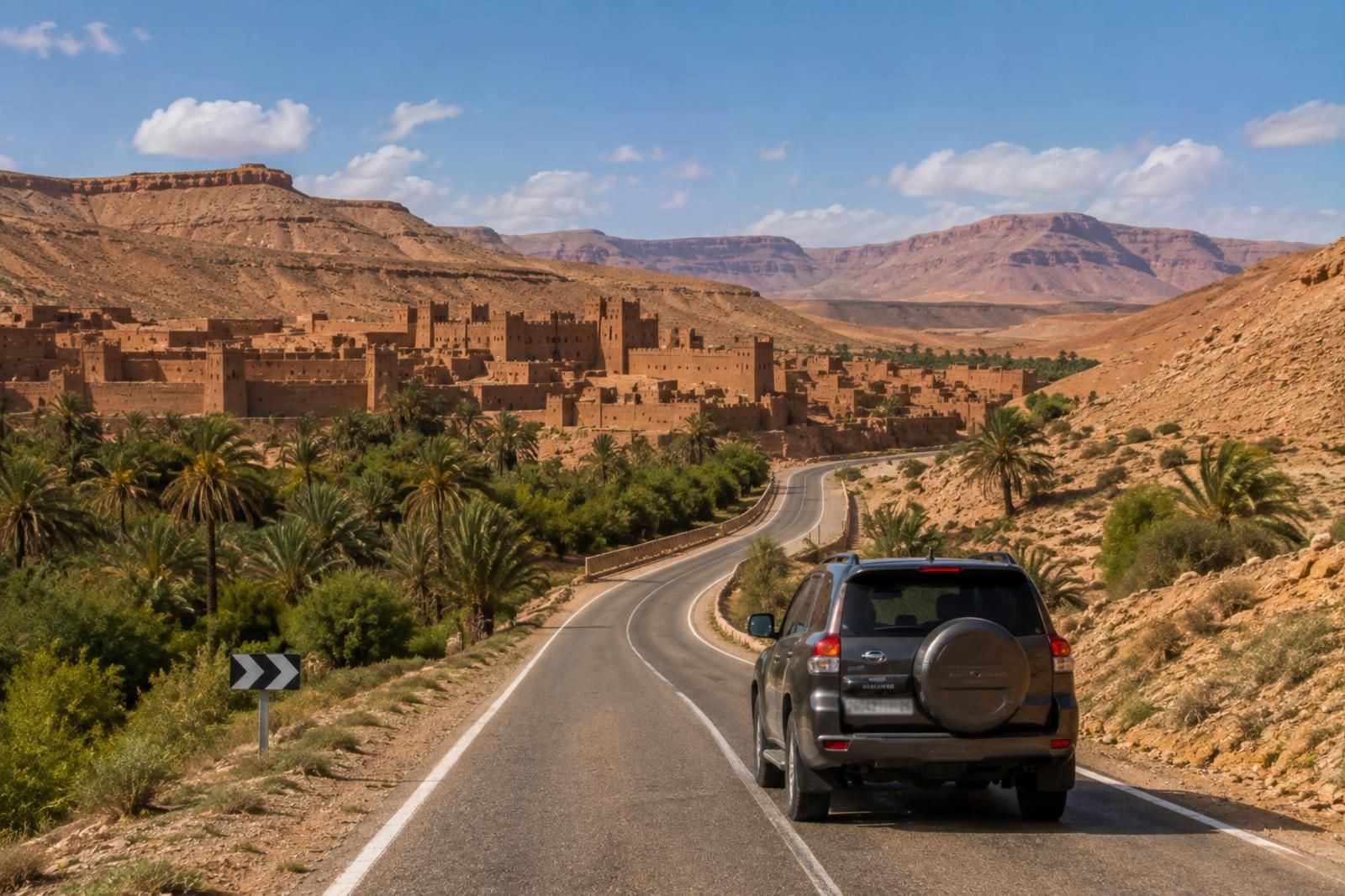 A 4x4 on a winding road above a palm valley, an earthen kasbah village on the far slope