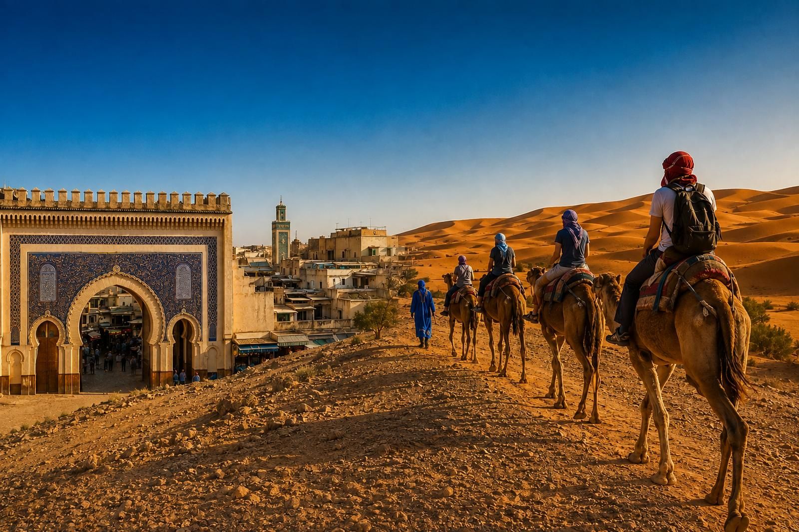 The blue gate of Fes beside a camel caravan on the Erg Chebbi dunes, the two ends of the route