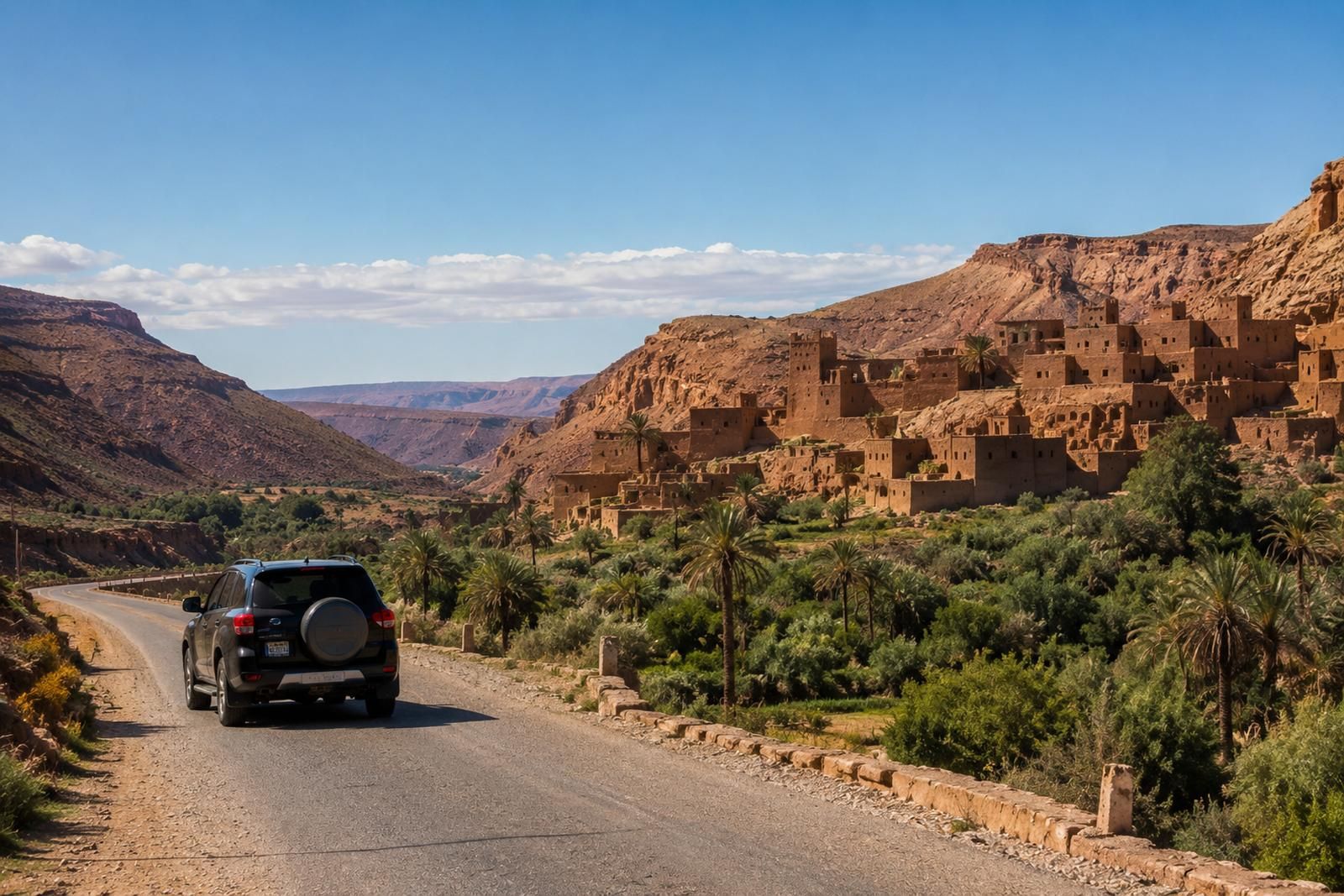 A 4x4 on the road below a hillside ksar, with palm gardens along the valley floor