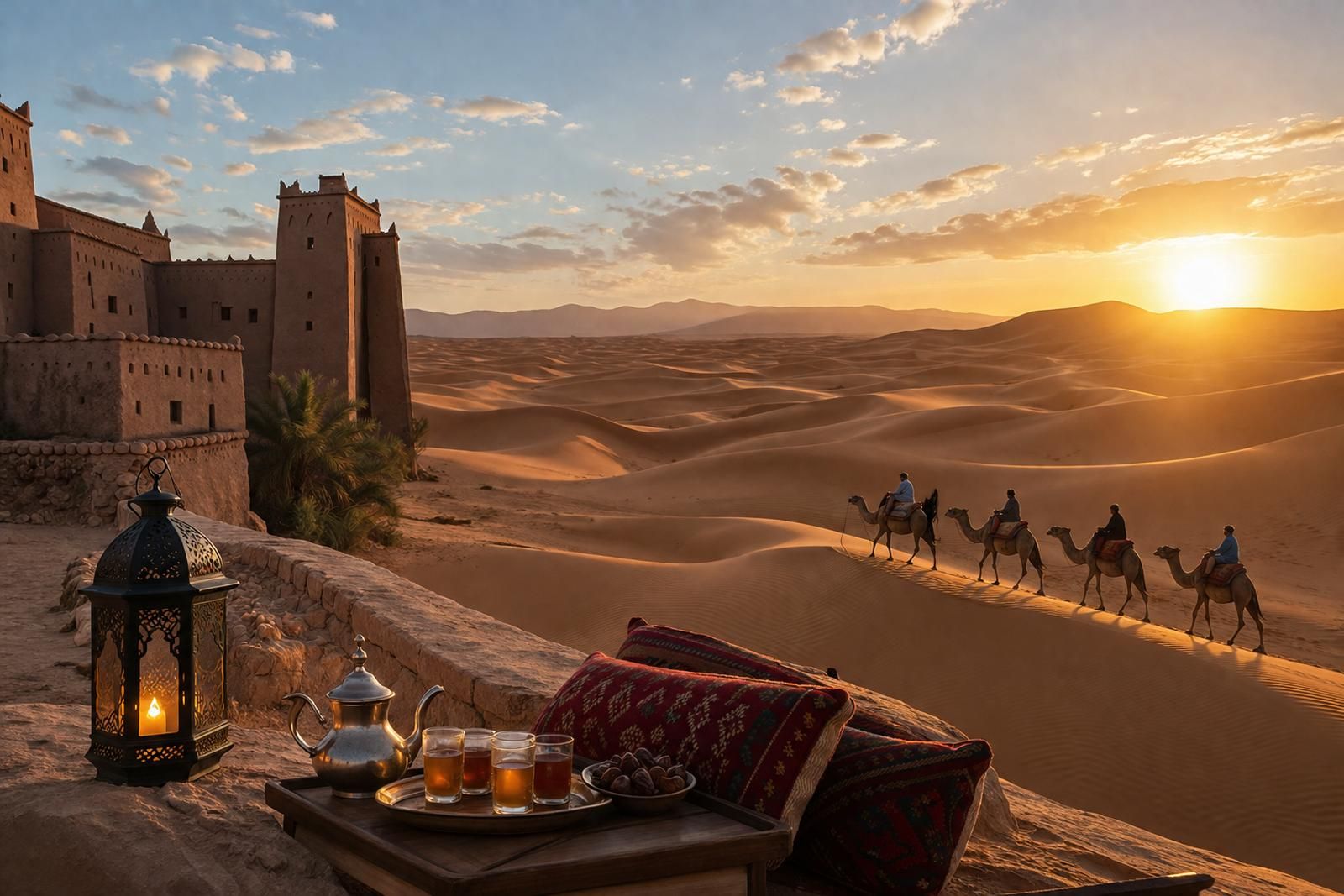 A tray of mint tea and a lit lantern on a terrace, with a camel caravan crossing the dunes below at sunset