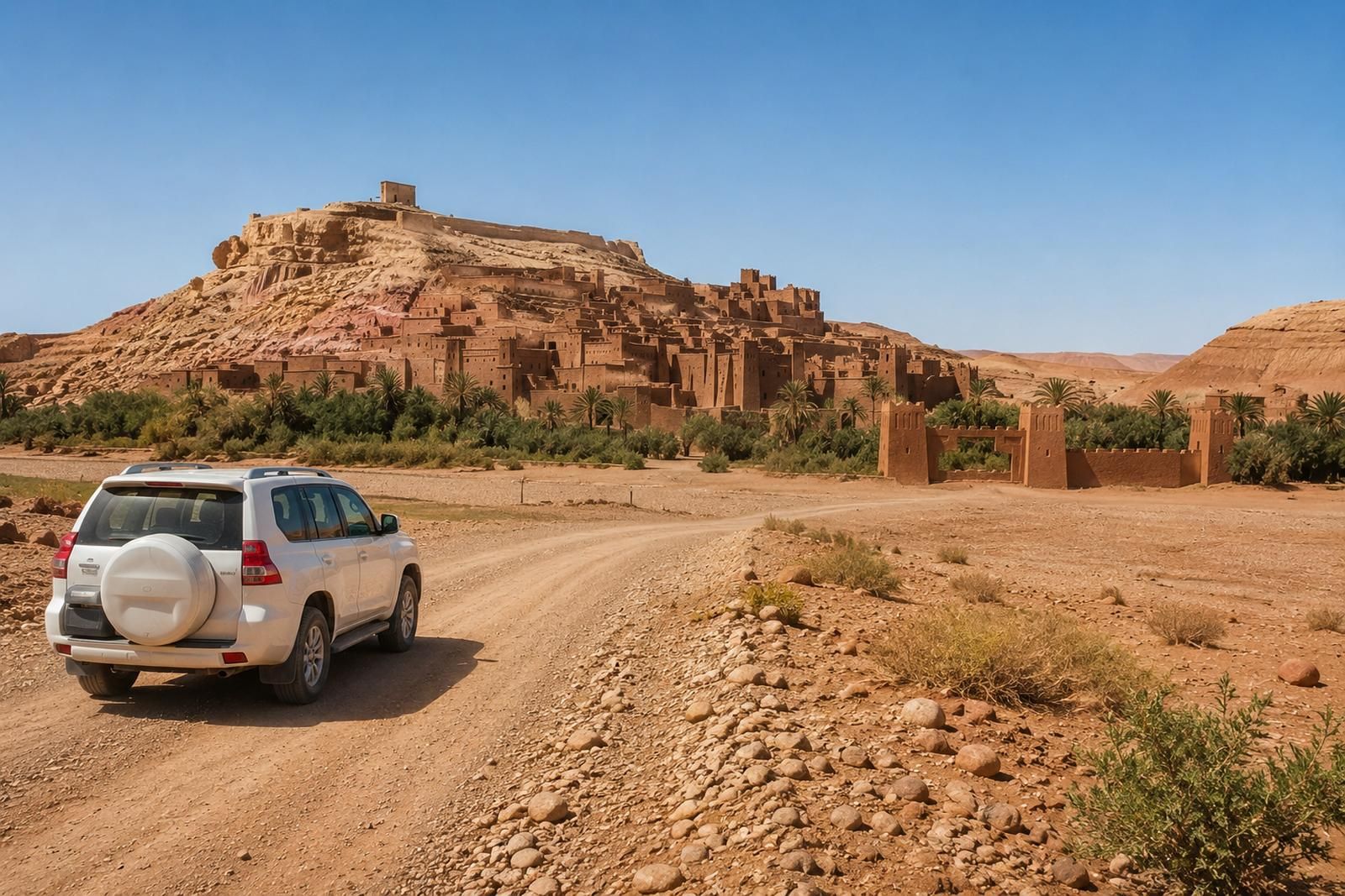 A white 4x4 on the track below Ait Ben Haddou, the earthen ksar rising on the hill behind