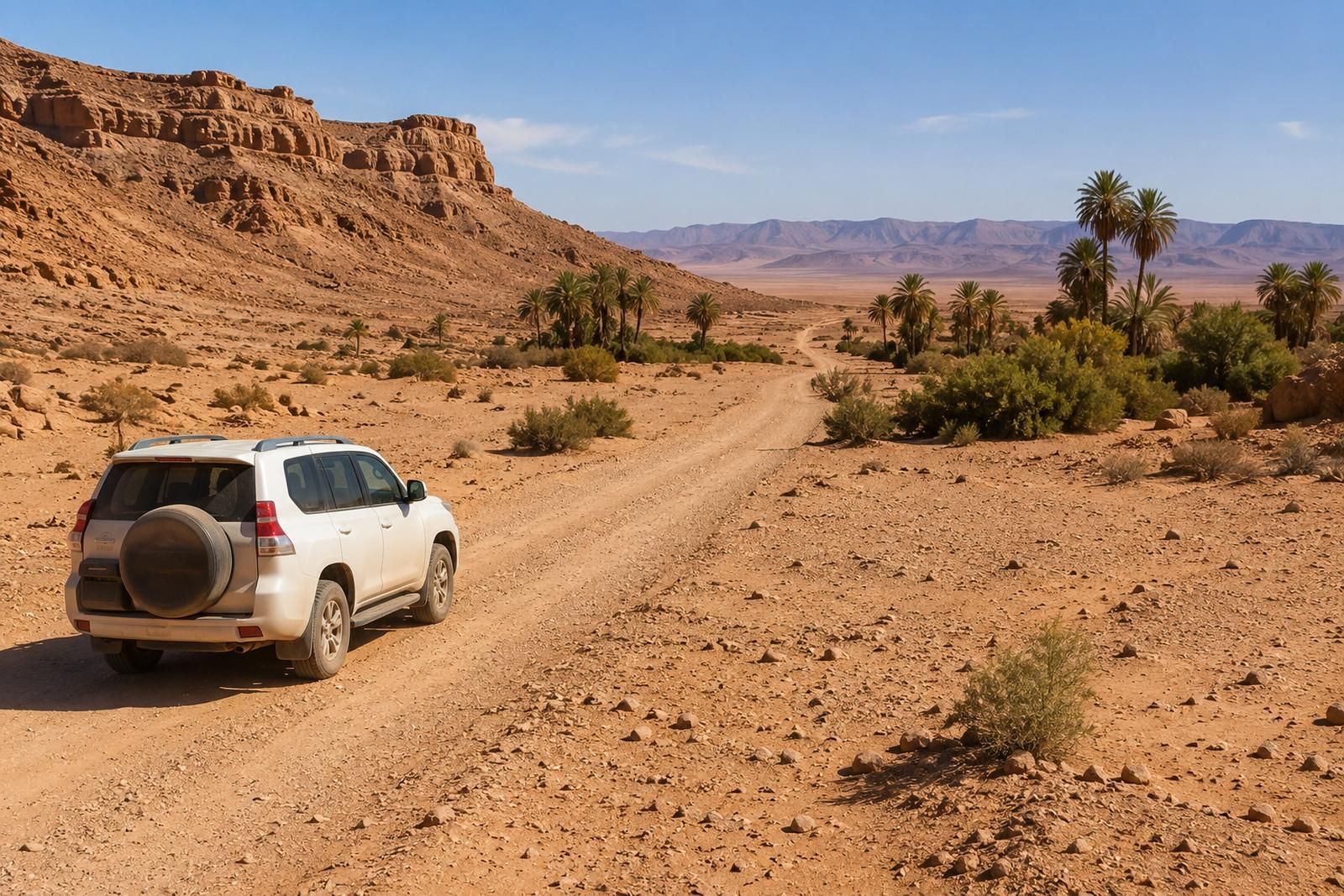 A white 4x4 on a stony desert piste south of Zagora, with a palm grove and red cliffs beyond